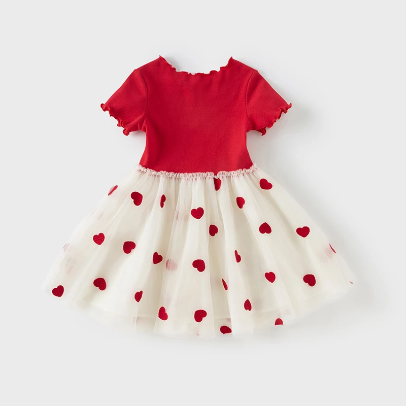 Dave Bella Children's Dress Summer New Girls Baby Gentle Cute Love Embroidery Red Mesh Princess Dress Party Outdoor DB2252324