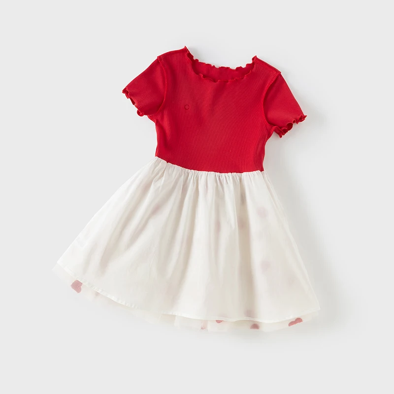 Dave Bella Children's Dress Summer New Girls Baby Gentle Cute Love Embroidery Red Mesh Princess Dress Party Outdoor DB2252324