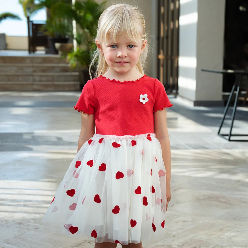 Dave Bella Children's Dress Summer New Girls Baby Gentle Cute Love Embroidery Red Mesh Princess Dress Party Outdoor DB2252324