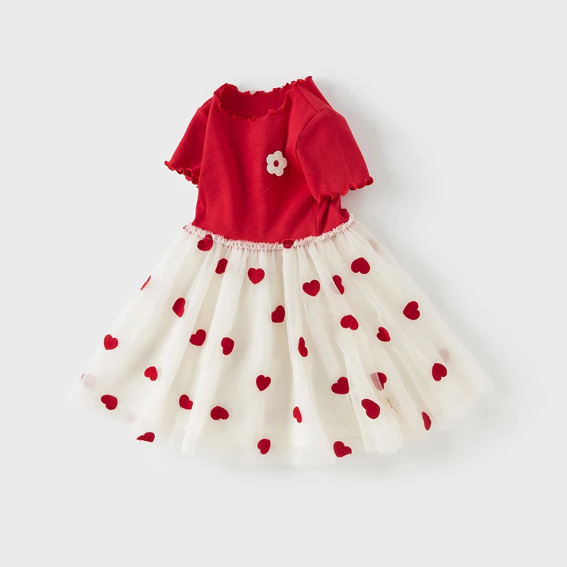 Dave Bella Children's Dress Summer New Girls Baby Gentle Cute Love Embroidery Red Mesh Princess Dress Party Outdoor DB2252324