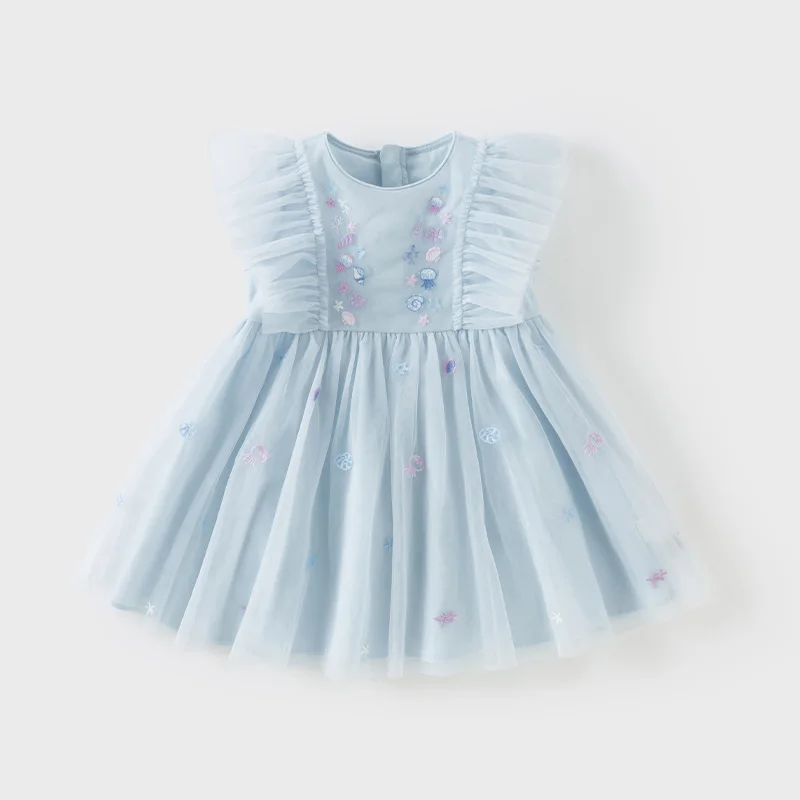 Dave Bella Girls Baby Princess Dress Summer Sweet Shell Embroidery Kids Mesh Elegant Dress Party Outdoor Seaside DB2251295