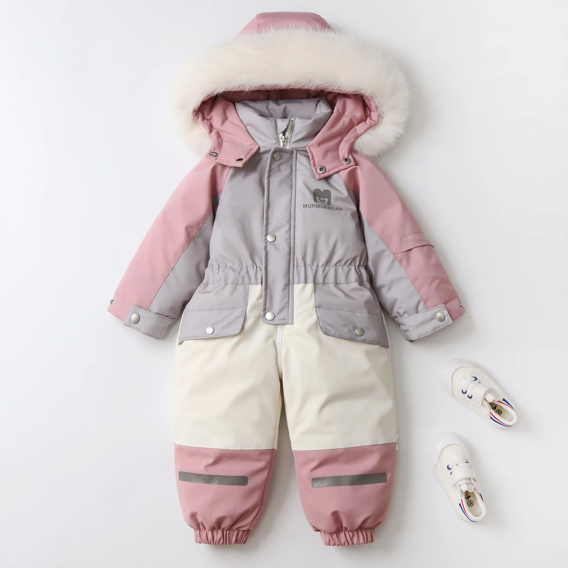 AYNIGIELL Winter Children Coat Patchwork Snowsuit 2-5 Y Boys Fur Lining Overalls Thicken Kids Hooded Ski Suit Girls Warm Outwear