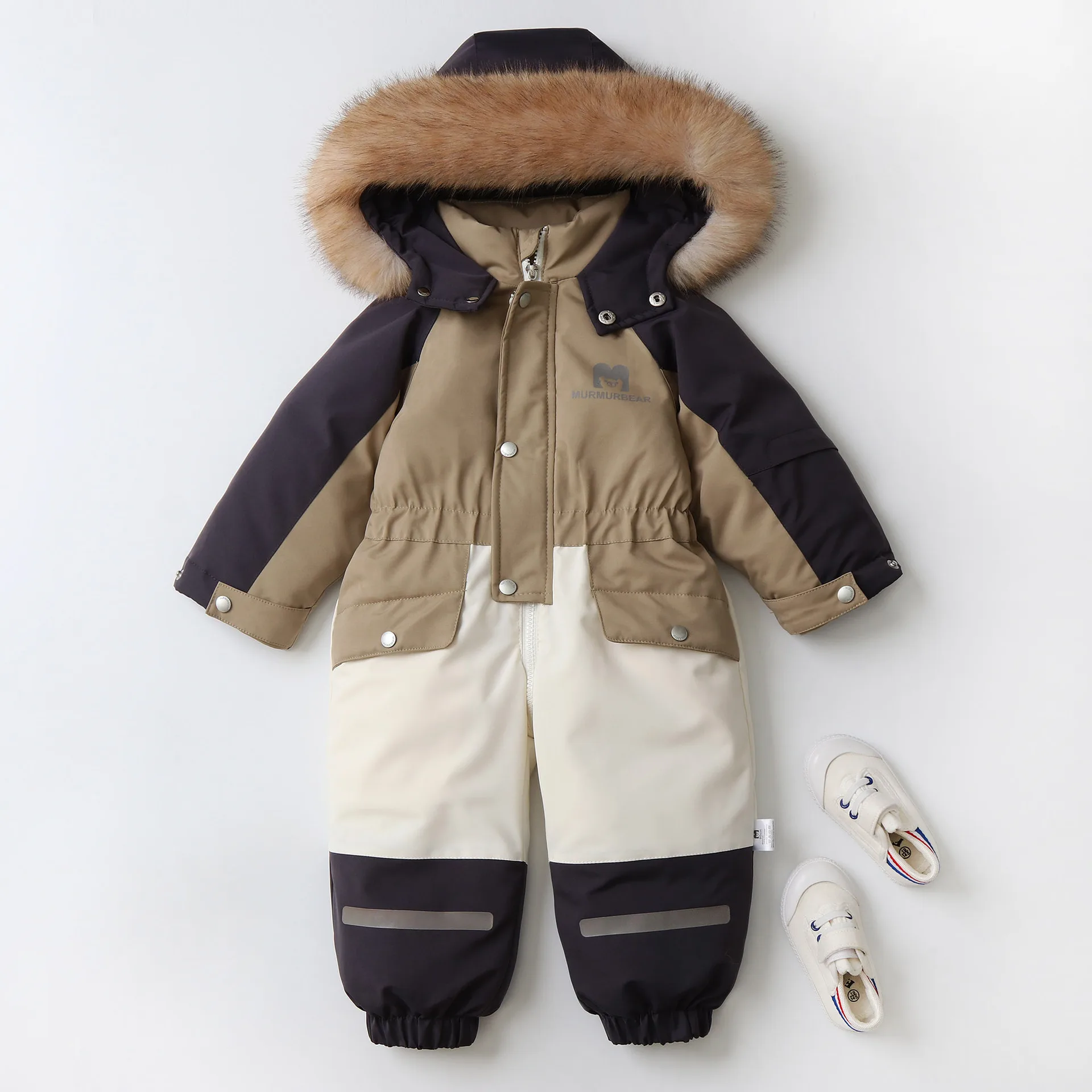 AYNIGIELL Winter Children Coat Patchwork Snowsuit 2-5 Y Boys Fur Lining Overalls Thicken Kids Hooded Ski Suit Girls Warm Outwear