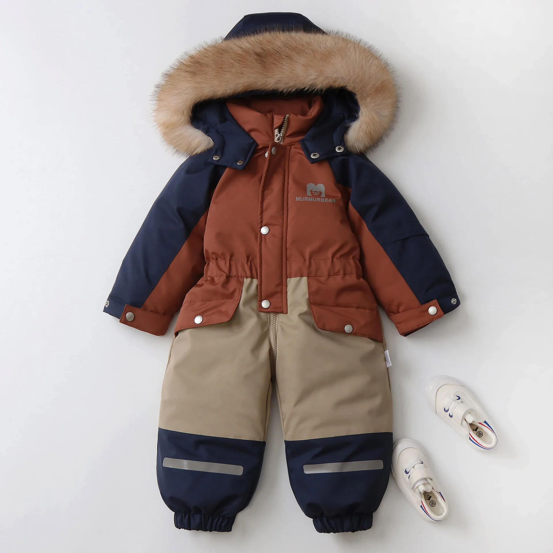 AYNIGIELL Winter Children Coat Patchwork Snowsuit 2-5 Y Boys Fur Lining Overalls Thicken Kids Hooded Ski Suit Girls Warm Outwear