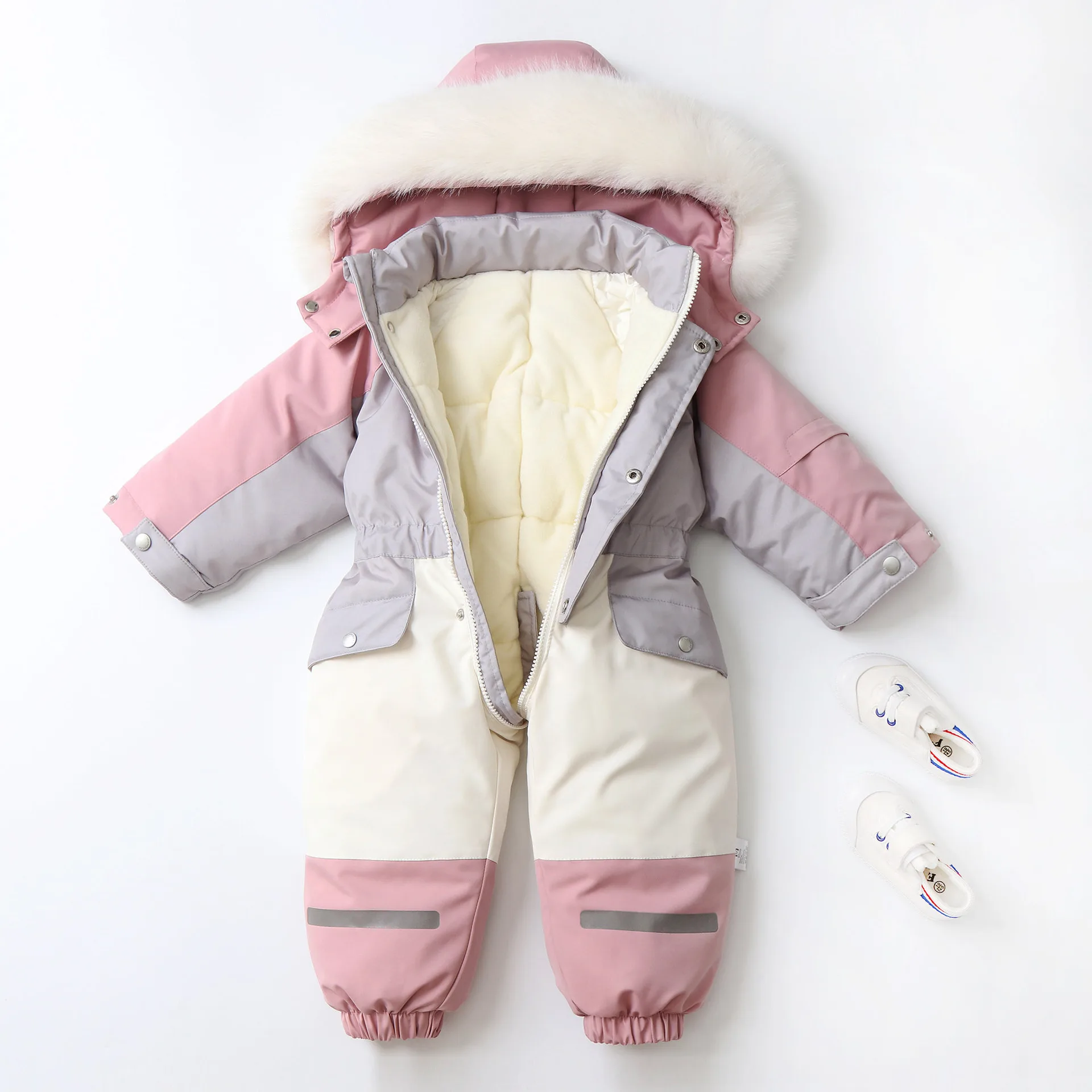 AYNIGIELL Winter Children Coat Patchwork Snowsuit 2-5 Y Boys Fur Lining Overalls Thicken Kids Hooded Ski Suit Girls Warm Outwear
