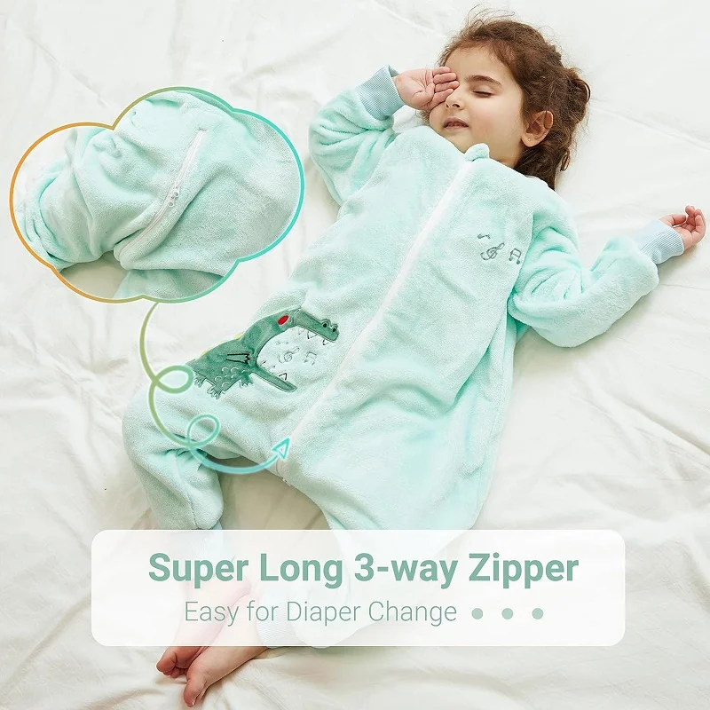 MICHLEY Blue Dinosaur Flannel Baby Kid Sleeping Bag Winter Sleepwear Cute Cartoon Bodysuit Sleepsack Pajamas With Feet Boys Girl