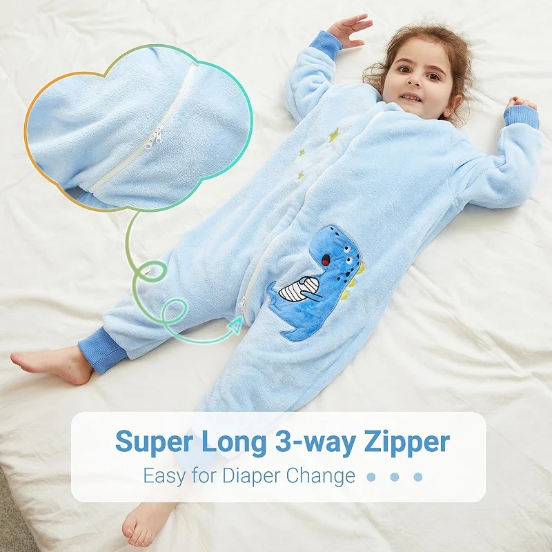 MICHLEY Blue Dinosaur Flannel Baby Kid Sleeping Bag Winter Sleepwear Cute Cartoon Bodysuit Sleepsack Pajamas With Feet Boys Girl