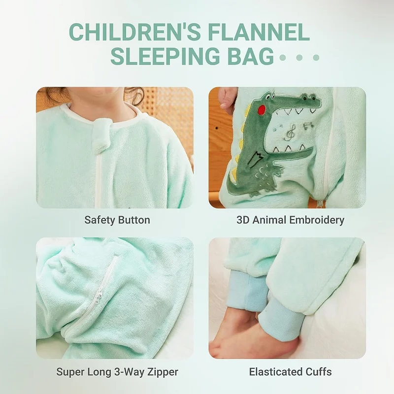 MICHLEY Blue Dinosaur Flannel Baby Kid Sleeping Bag Winter Sleepwear Cute Cartoon Bodysuit Sleepsack Pajamas With Feet Boys Girl