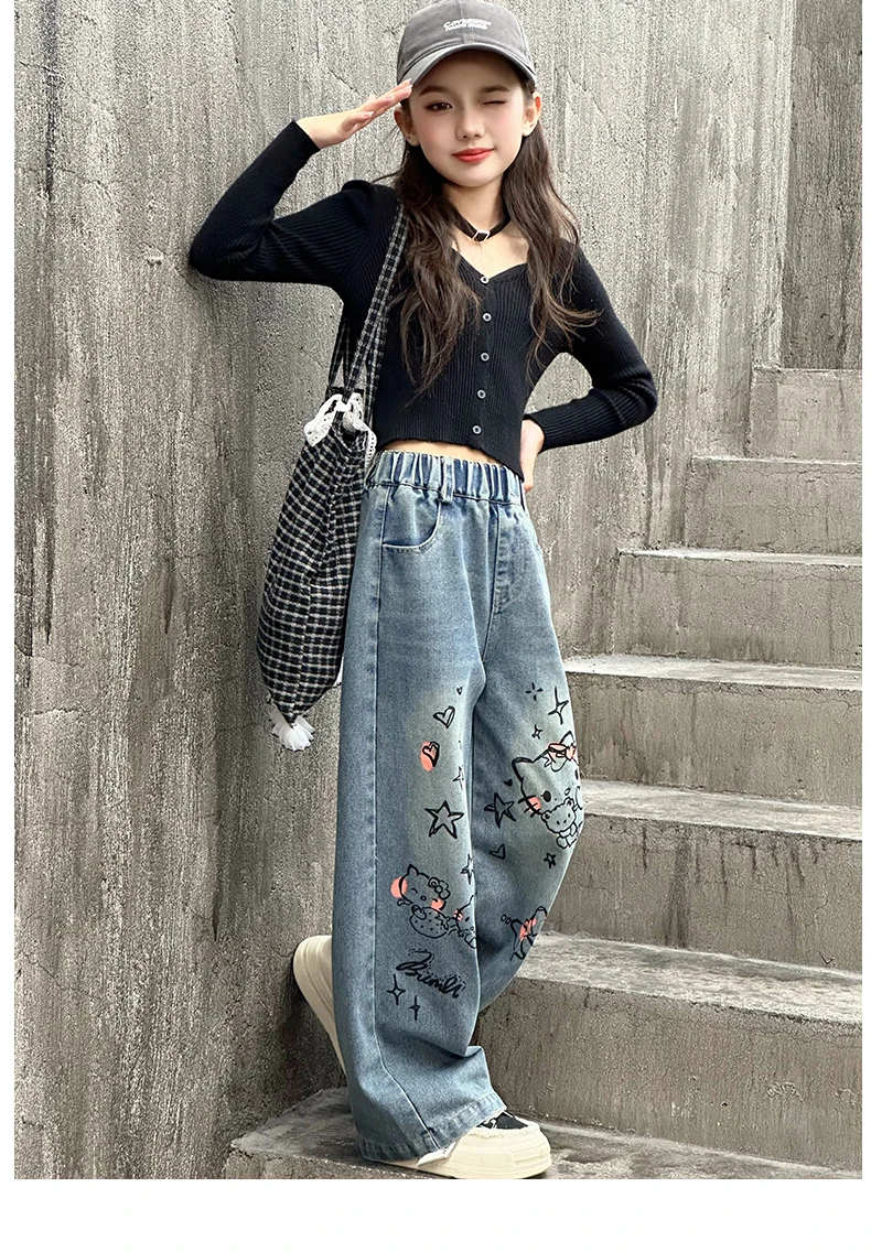 autumn junior girls cartoon wide leg jeans teenage kids towel embroidered cat denim pants Fashion child trousers 4 6 8 10 12 14
