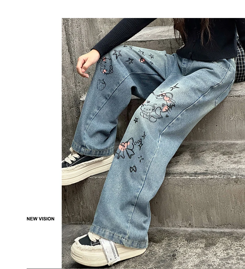 autumn junior girls cartoon wide leg jeans teenage kids towel embroidered cat denim pants Fashion child trousers 4 6 8 10 12 14