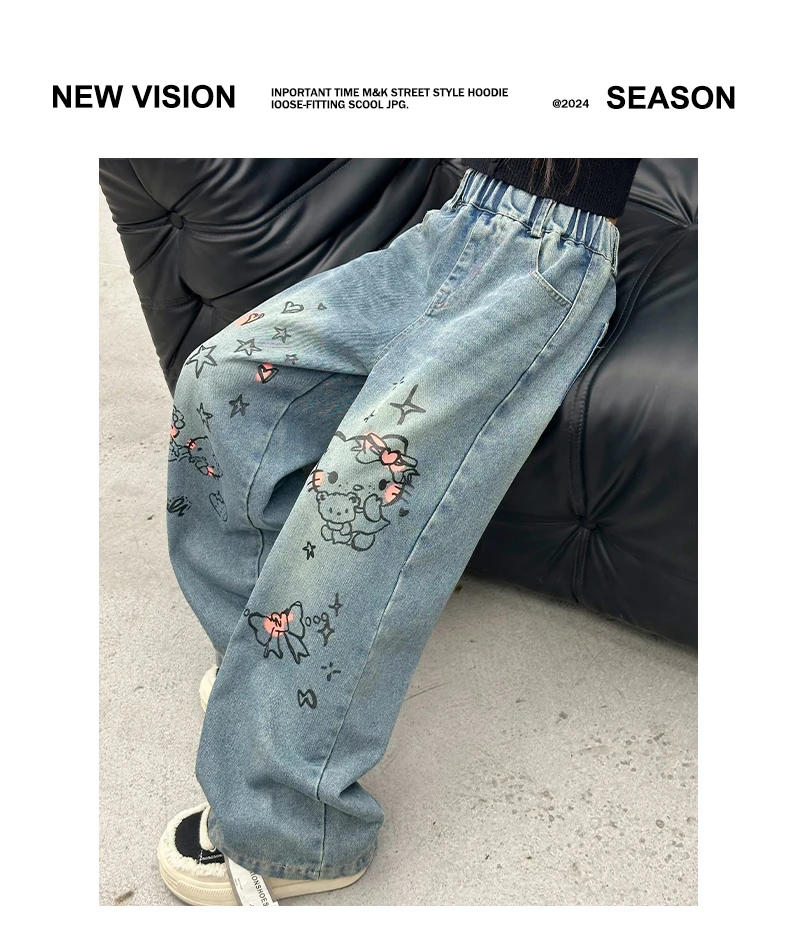 autumn junior girls cartoon wide leg jeans teenage kids towel embroidered cat denim pants Fashion child trousers 4 6 8 10 12 14