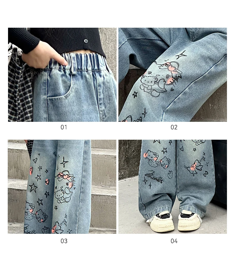 autumn junior girls cartoon wide leg jeans teenage kids towel embroidered cat denim pants Fashion child trousers 4 6 8 10 12 14