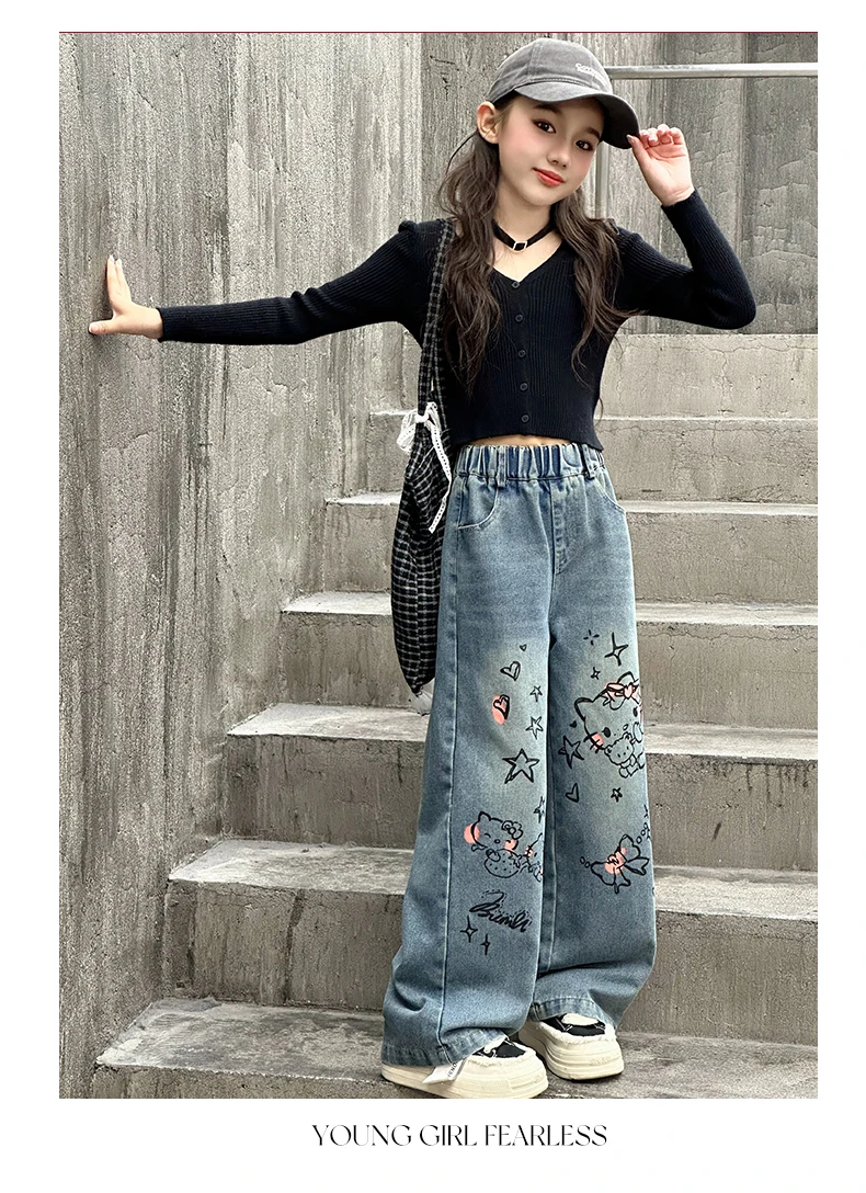 autumn junior girls cartoon wide leg jeans teenage kids towel embroidered cat denim pants Fashion child trousers 4 6 8 10 12 14