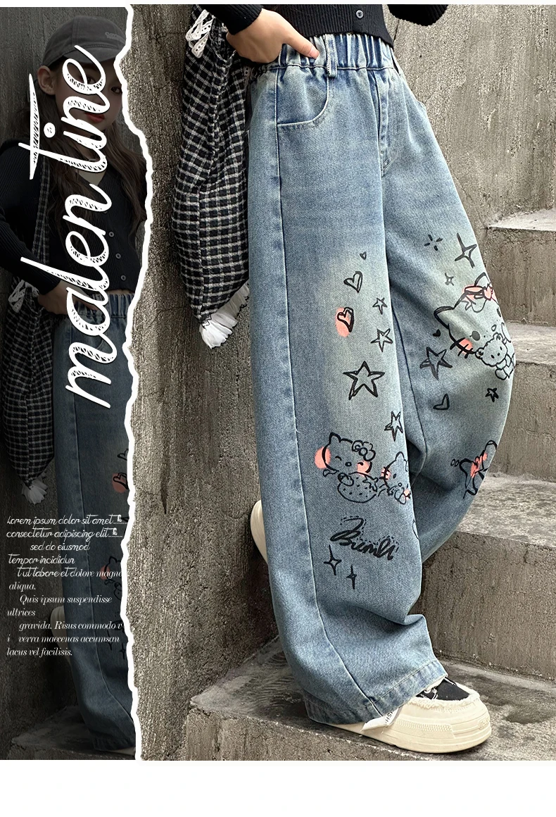 autumn junior girls cartoon wide leg jeans teenage kids towel embroidered cat denim pants Fashion child trousers 4 6 8 10 12 14