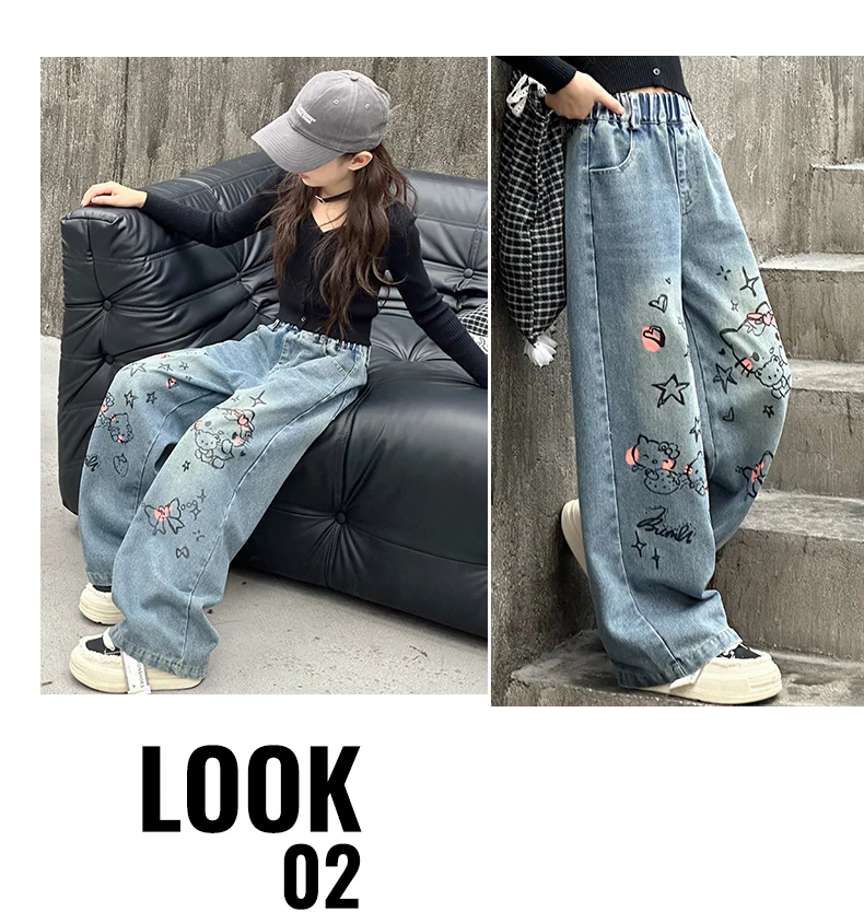 autumn junior girls cartoon wide leg jeans teenage kids towel embroidered cat denim pants Fashion child trousers 4 6 8 10 12 14