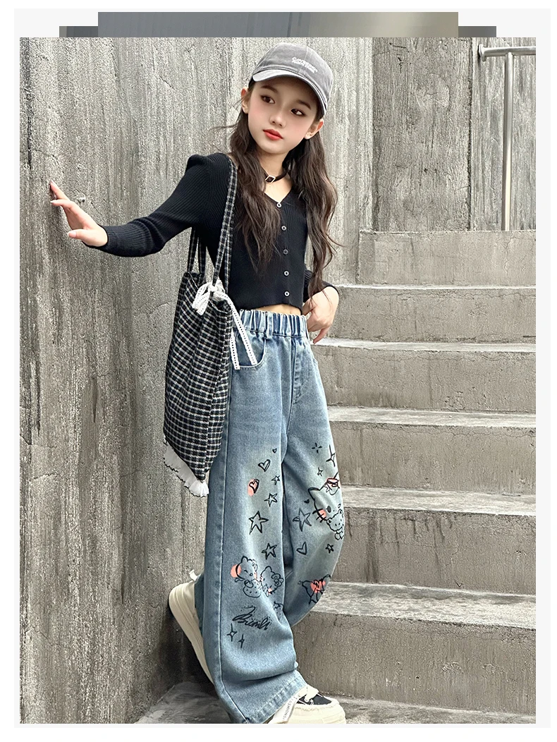 autumn junior girls cartoon wide leg jeans teenage kids towel embroidered cat denim pants Fashion child trousers 4 6 8 10 12 14