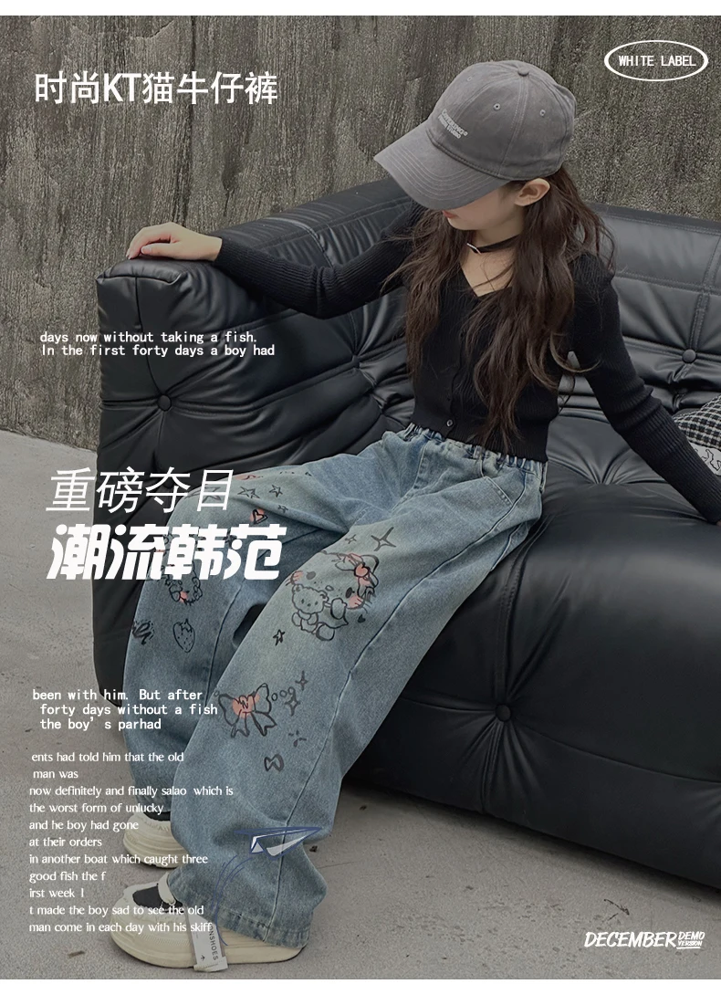autumn junior girls cartoon wide leg jeans teenage kids towel embroidered cat denim pants Fashion child trousers 4 6 8 10 12 14