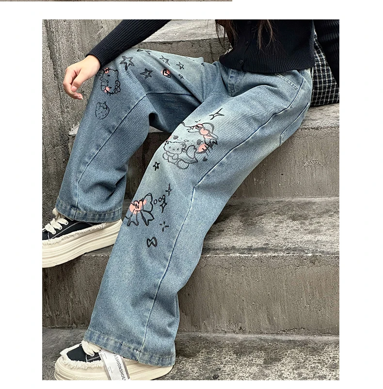 autumn junior girls cartoon wide leg jeans teenage kids towel embroidered cat denim pants Fashion child trousers 4 6 8 10 12 14