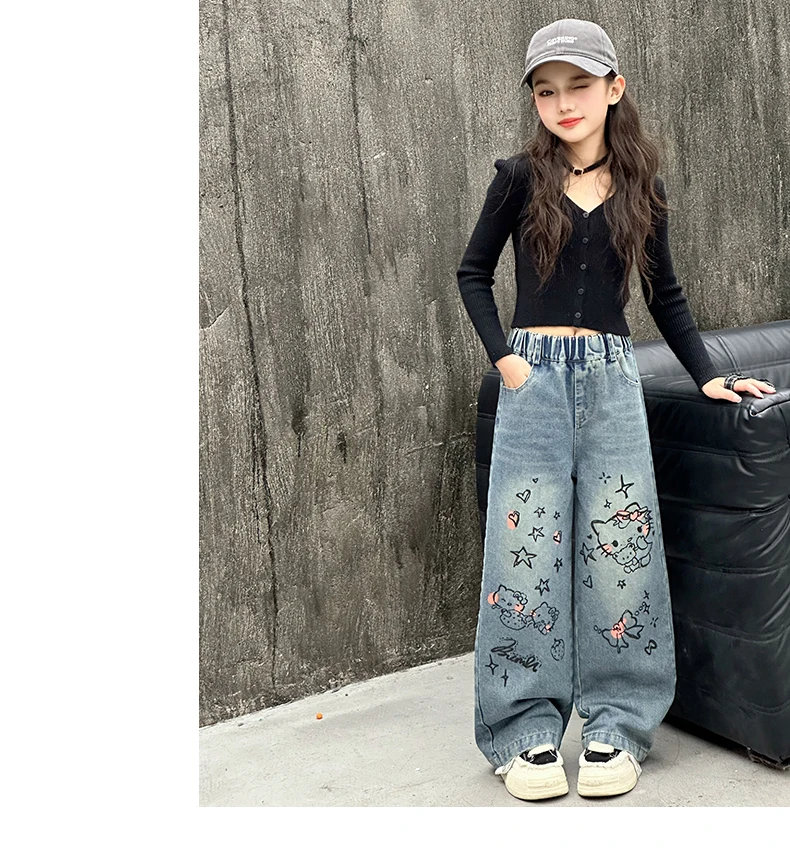 autumn junior girls cartoon wide leg jeans teenage kids towel embroidered cat denim pants Fashion child trousers 4 6 8 10 12 14