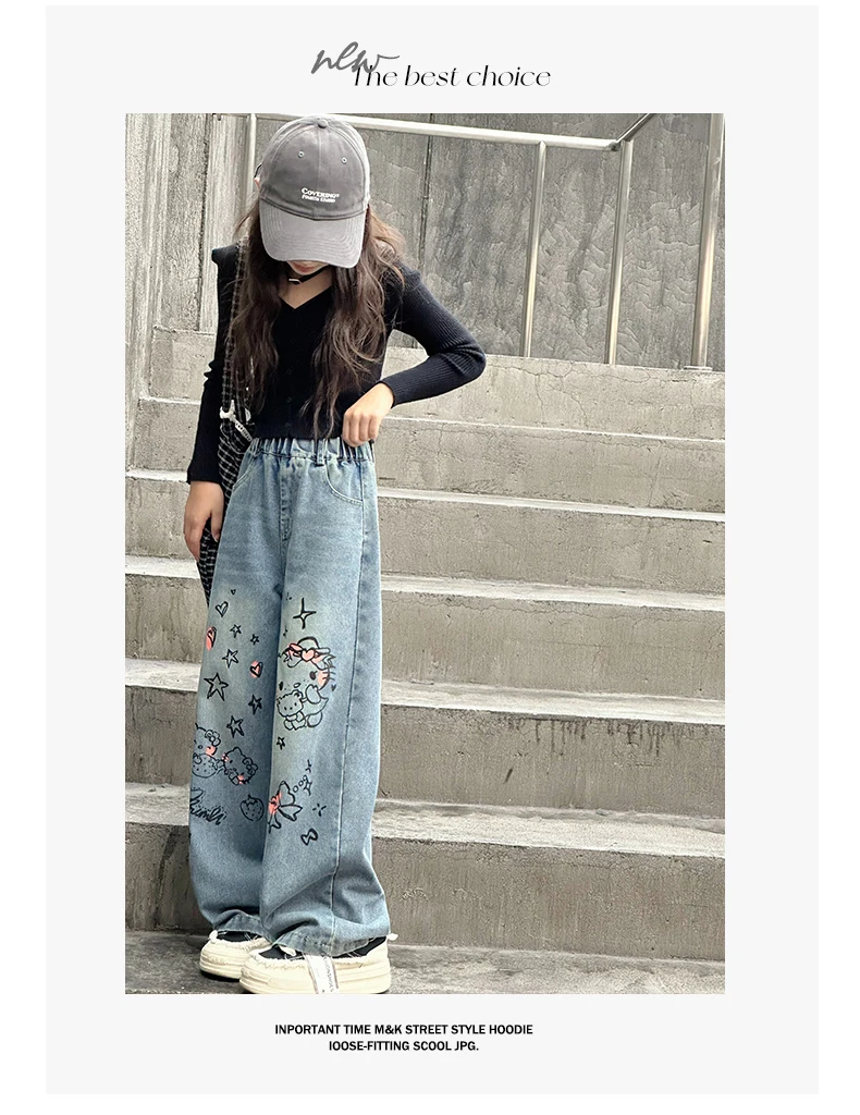 autumn junior girls cartoon wide leg jeans teenage kids towel embroidered cat denim pants Fashion child trousers 4 6 8 10 12 14