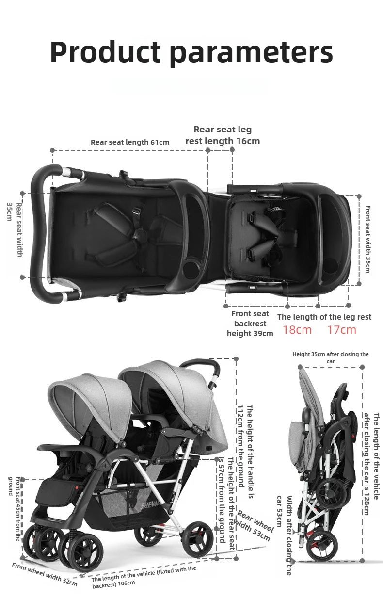 Lightweight Twin Baby Stroller The Baby Stroller Can Sit or Lie Down Collapsible Front and Rear Seat Twin Stroller