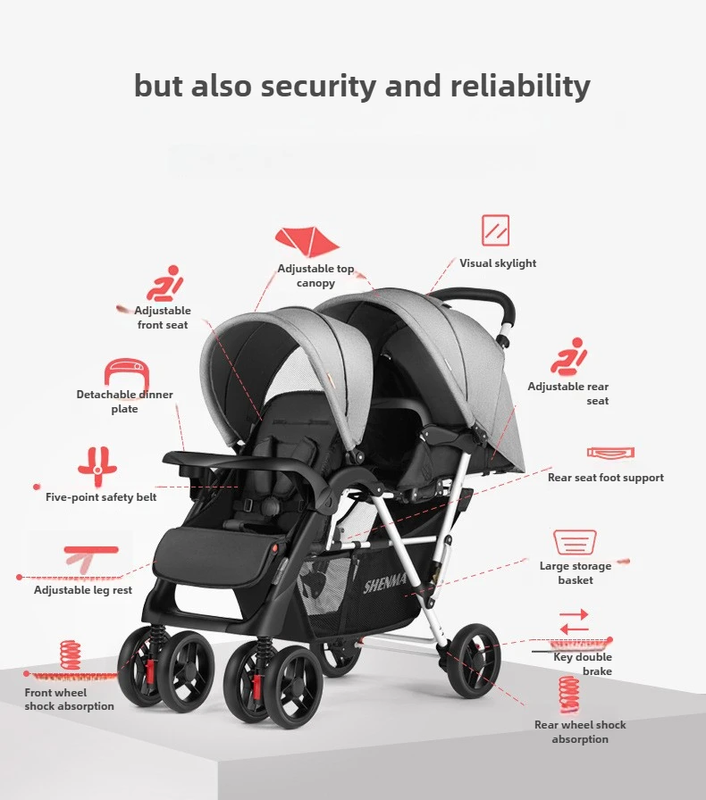 Lightweight Twin Baby Stroller The Baby Stroller Can Sit or Lie Down Collapsible Front and Rear Seat Twin Stroller