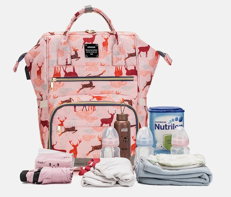 Original LEQUEEN Mommy Baby Diaper Bag Backpack For Stroller Large Capacity Waterproof Multi-pocket Animal Prints Baby Nappy Bag