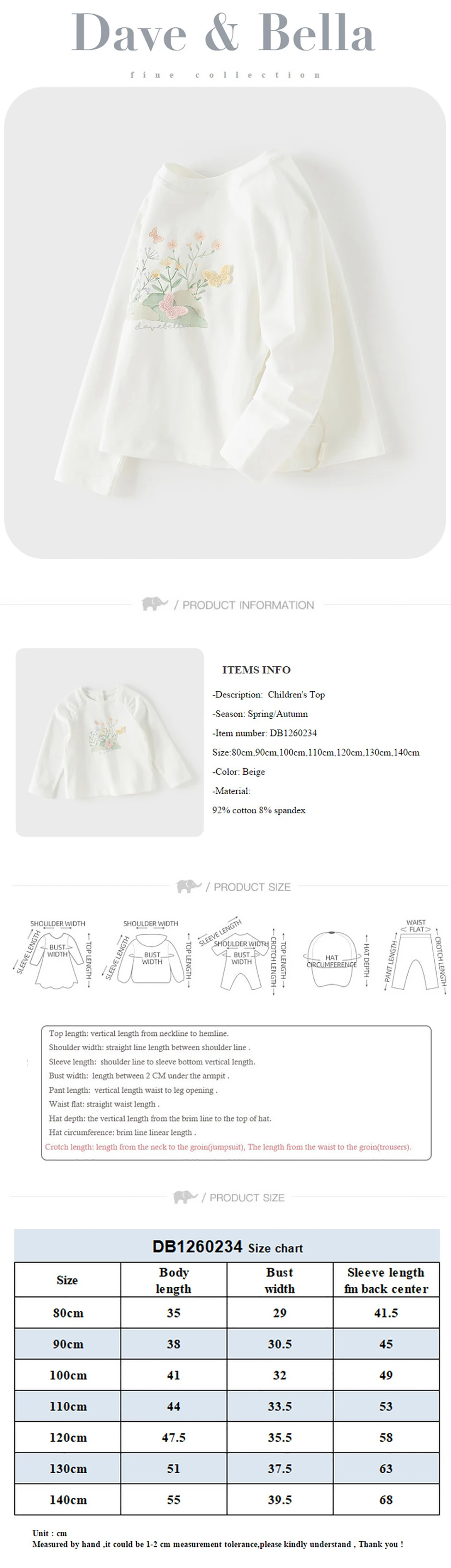 Dave Bella Children T-shirt Girl Clothes Spring Autumn Baby Cotton Sweet Pullover Bottoming Top Long Sleeve Breathable DB1260234