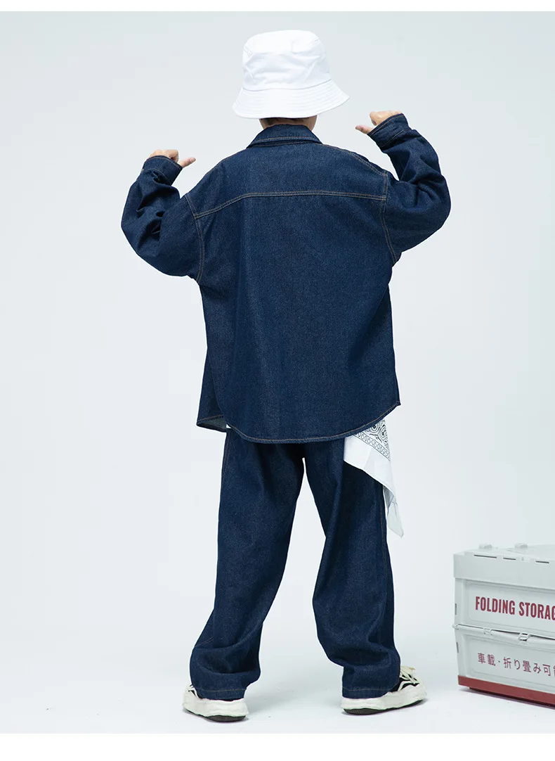 Children Boys Girls Streetwear Hiphop Loose Casual Denim Shirt Jeans Sets Teen Kids Coat Pant Track Suits Stage Clothing Costume
