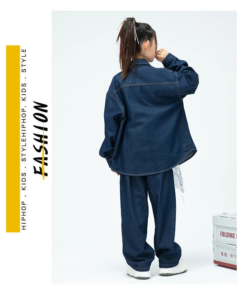 Children Boys Girls Streetwear Hiphop Loose Casual Denim Shirt Jeans Sets Teen Kids Coat Pant Track Suits Stage Clothing Costume