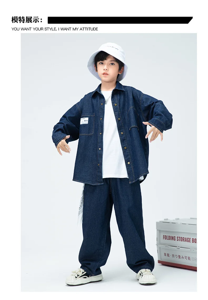 Children Boys Girls Streetwear Hiphop Loose Casual Denim Shirt Jeans Sets Teen Kids Coat Pant Track Suits Stage Clothing Costume