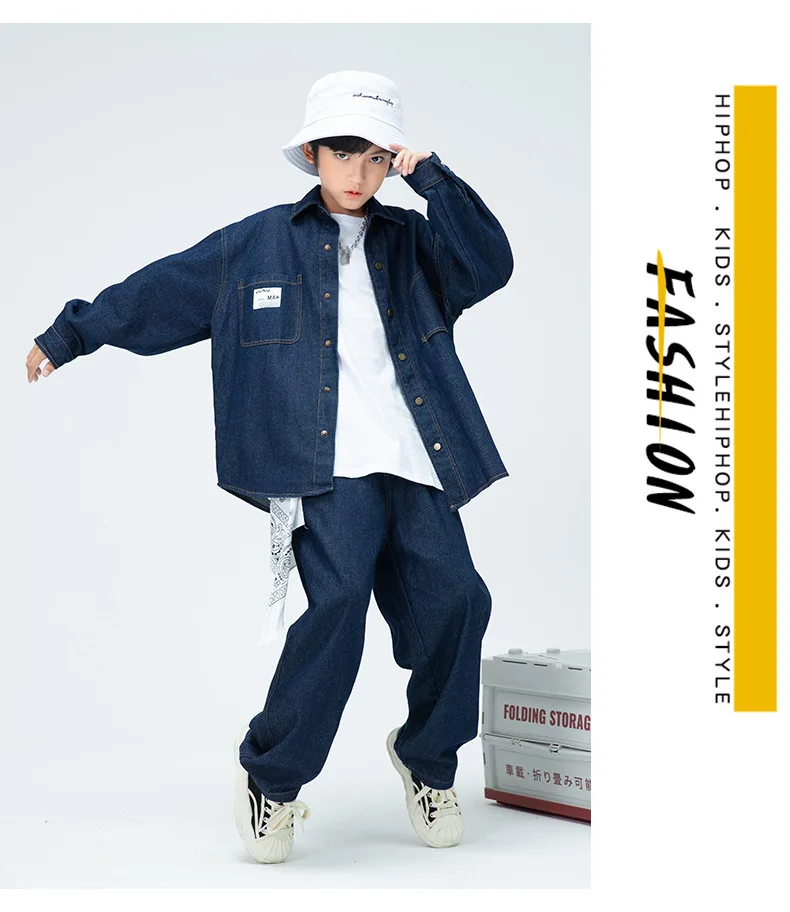 Children Boys Girls Streetwear Hiphop Loose Casual Denim Shirt Jeans Sets Teen Kids Coat Pant Track Suits Stage Clothing Costume