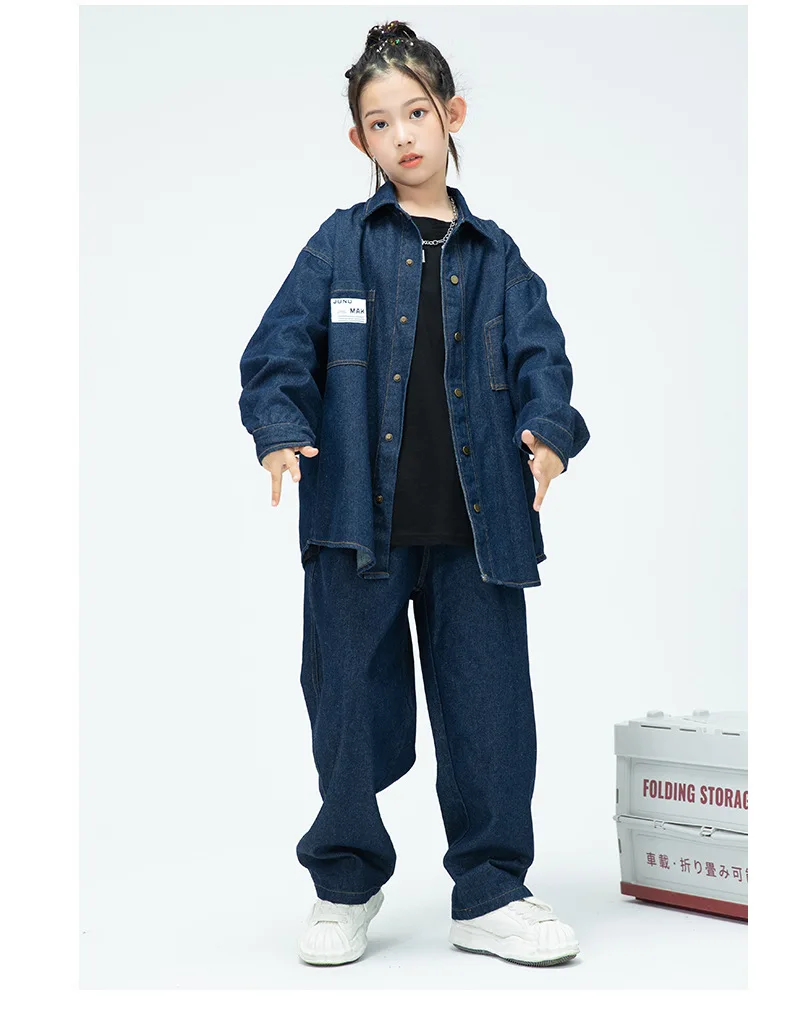 Children Boys Girls Streetwear Hiphop Loose Casual Denim Shirt Jeans Sets Teen Kids Coat Pant Track Suits Stage Clothing Costume