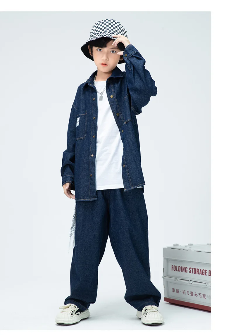 Children Boys Girls Streetwear Hiphop Loose Casual Denim Shirt Jeans Sets Teen Kids Coat Pant Track Suits Stage Clothing Costume