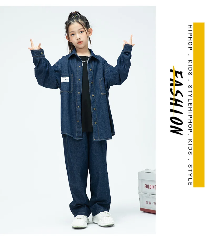 Children Boys Girls Streetwear Hiphop Loose Casual Denim Shirt Jeans Sets Teen Kids Coat Pant Track Suits Stage Clothing Costume