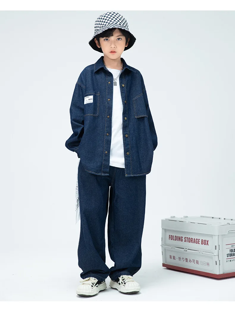 Children Boys Girls Streetwear Hiphop Loose Casual Denim Shirt Jeans Sets Teen Kids Coat Pant Track Suits Stage Clothing Costume
