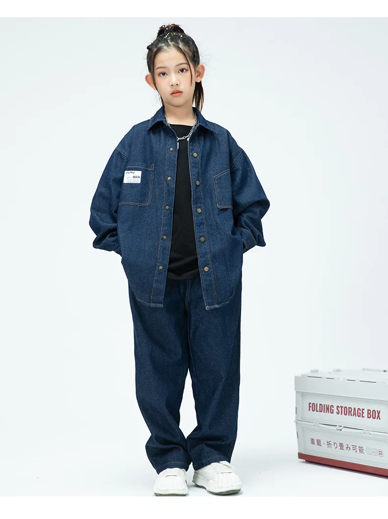 Children Boys Girls Streetwear Hiphop Loose Casual Denim Shirt Jeans Sets Teen Kids Coat Pant Track Suits Stage Clothing Costume