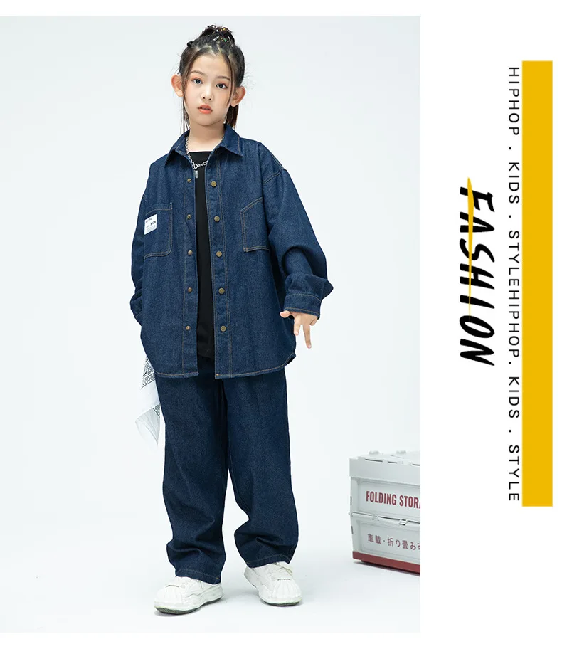 Children Boys Girls Streetwear Hiphop Loose Casual Denim Shirt Jeans Sets Teen Kids Coat Pant Track Suits Stage Clothing Costume