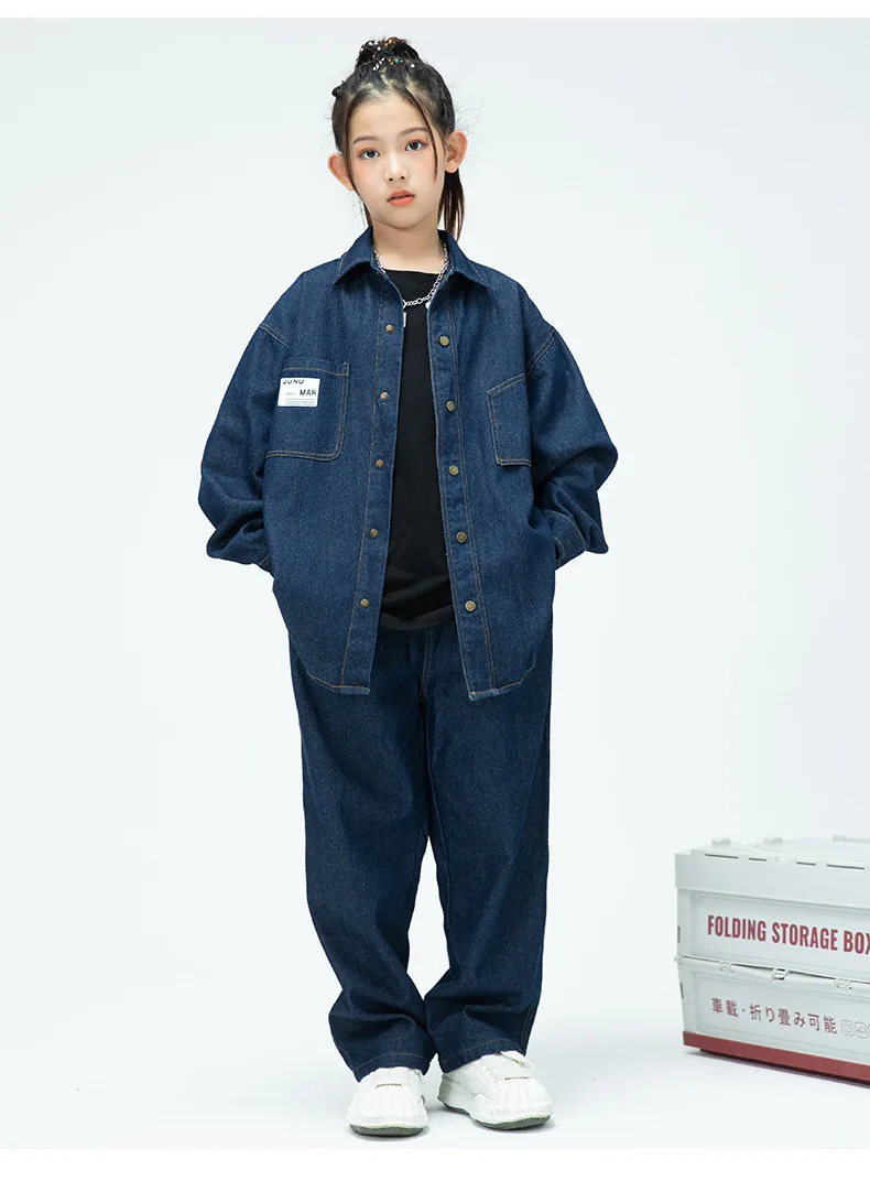 Children Boys Girls Streetwear Hiphop Loose Casual Denim Shirt Jeans Sets Teen Kids Coat Pant Track Suits Stage Clothing Costume