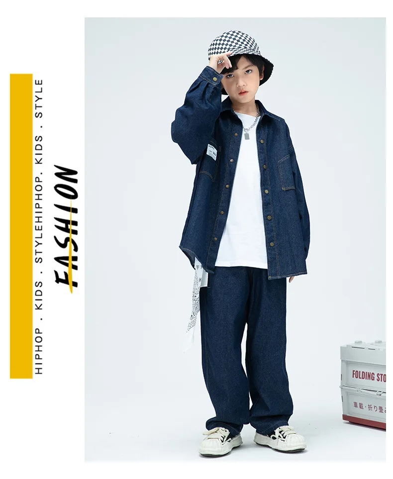 Children Boys Girls Streetwear Hiphop Loose Casual Denim Shirt Jeans Sets Teen Kids Coat Pant Track Suits Stage Clothing Costume