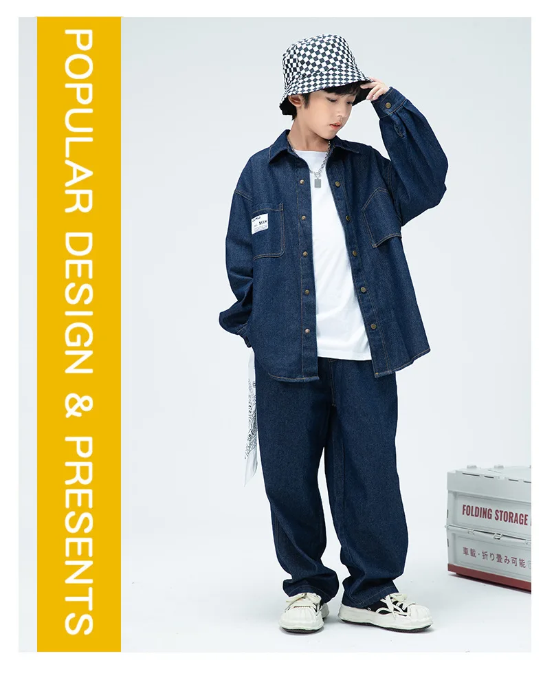 Children Boys Girls Streetwear Hiphop Loose Casual Denim Shirt Jeans Sets Teen Kids Coat Pant Track Suits Stage Clothing Costume