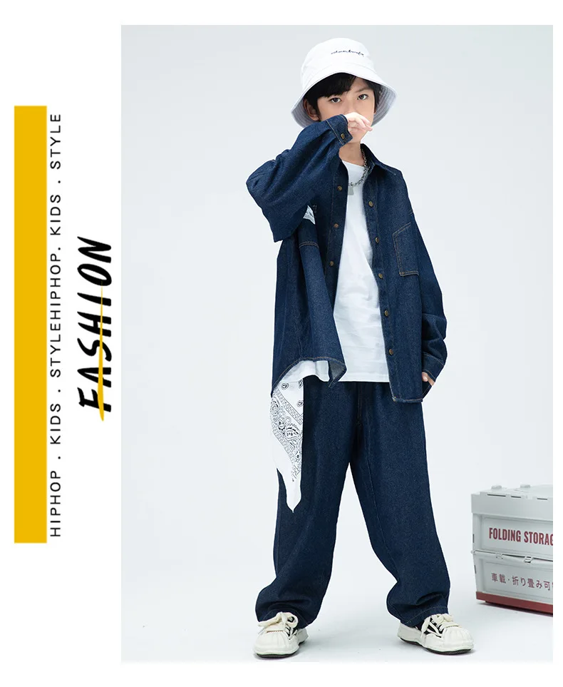 Children Boys Girls Streetwear Hiphop Loose Casual Denim Shirt Jeans Sets Teen Kids Coat Pant Track Suits Stage Clothing Costume