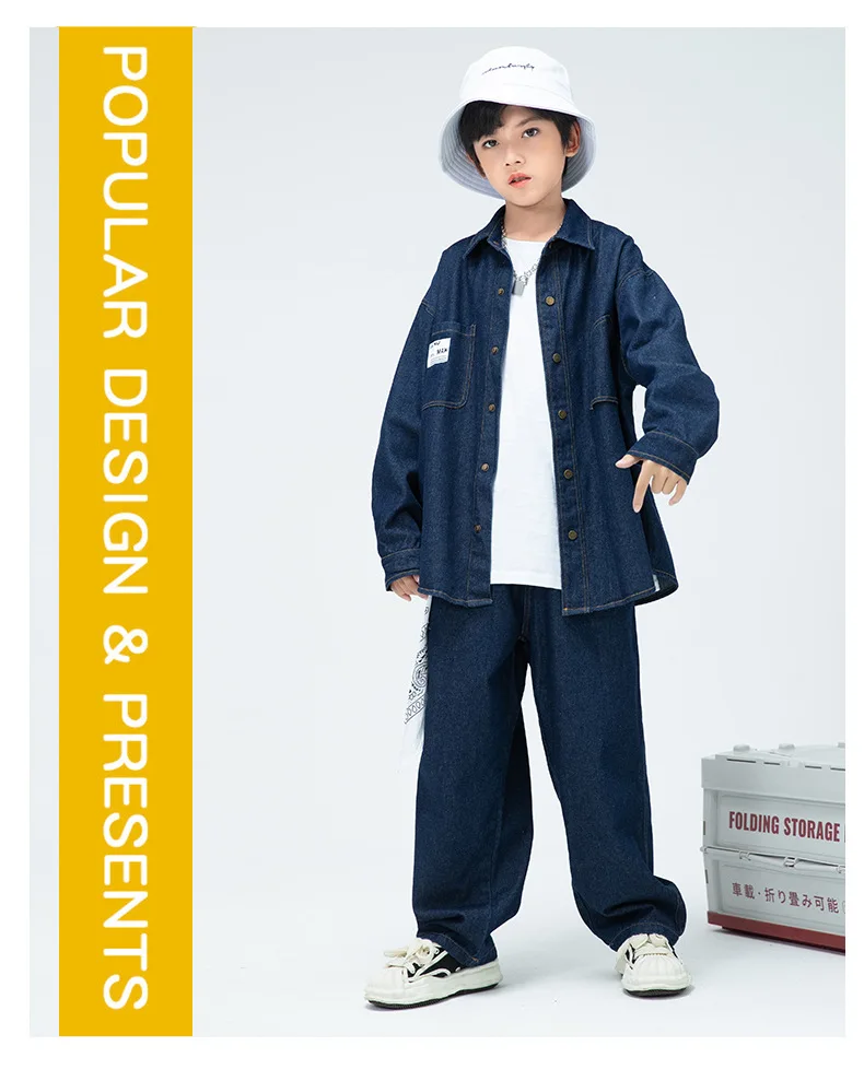 Children Boys Girls Streetwear Hiphop Loose Casual Denim Shirt Jeans Sets Teen Kids Coat Pant Track Suits Stage Clothing Costume