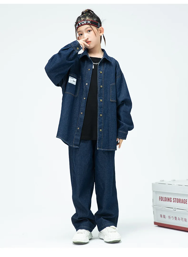 Children Boys Girls Streetwear Hiphop Loose Casual Denim Shirt Jeans Sets Teen Kids Coat Pant Track Suits Stage Clothing Costume