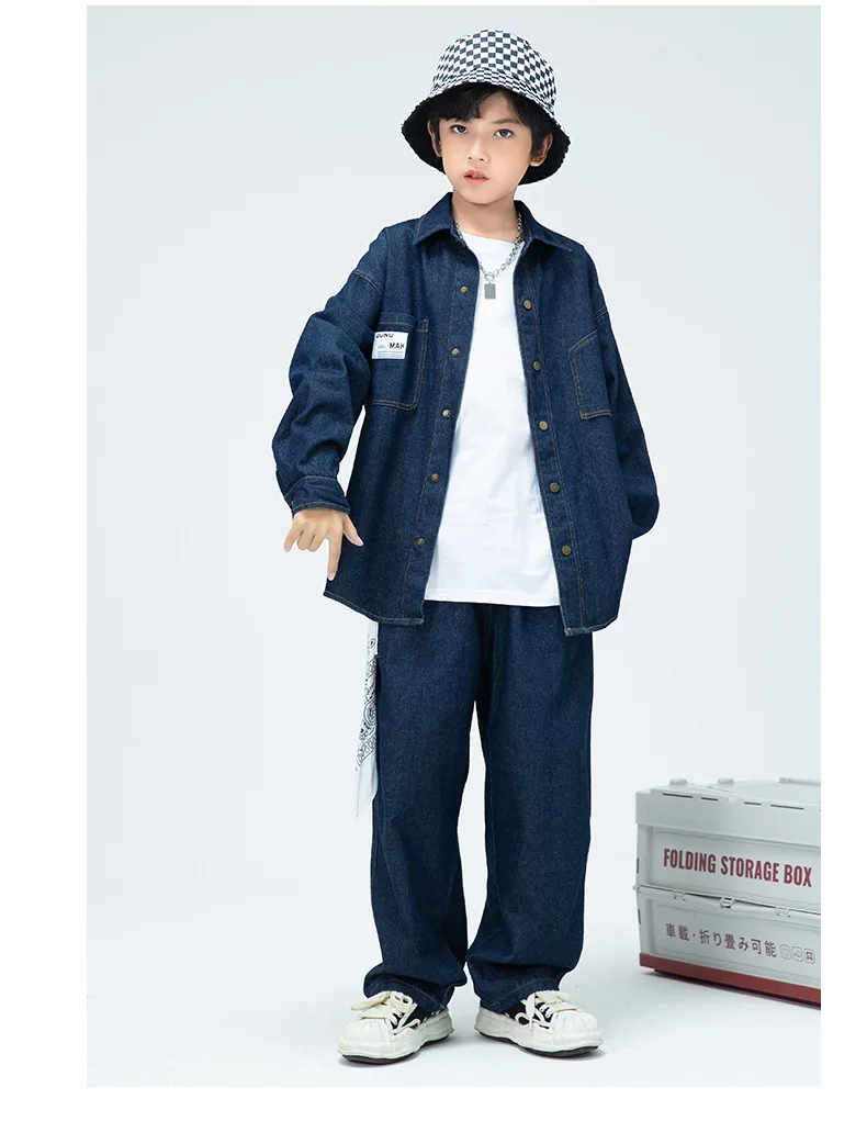 Children Boys Girls Streetwear Hiphop Loose Casual Denim Shirt Jeans Sets Teen Kids Coat Pant Track Suits Stage Clothing Costume