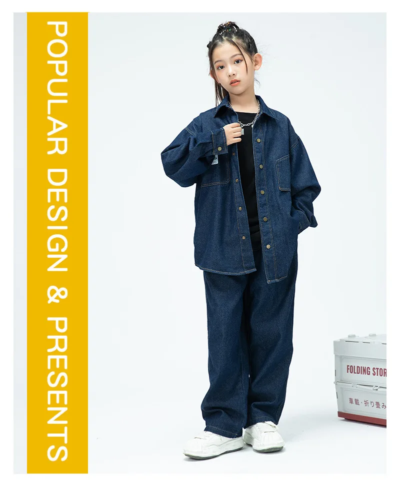 Children Boys Girls Streetwear Hiphop Loose Casual Denim Shirt Jeans Sets Teen Kids Coat Pant Track Suits Stage Clothing Costume