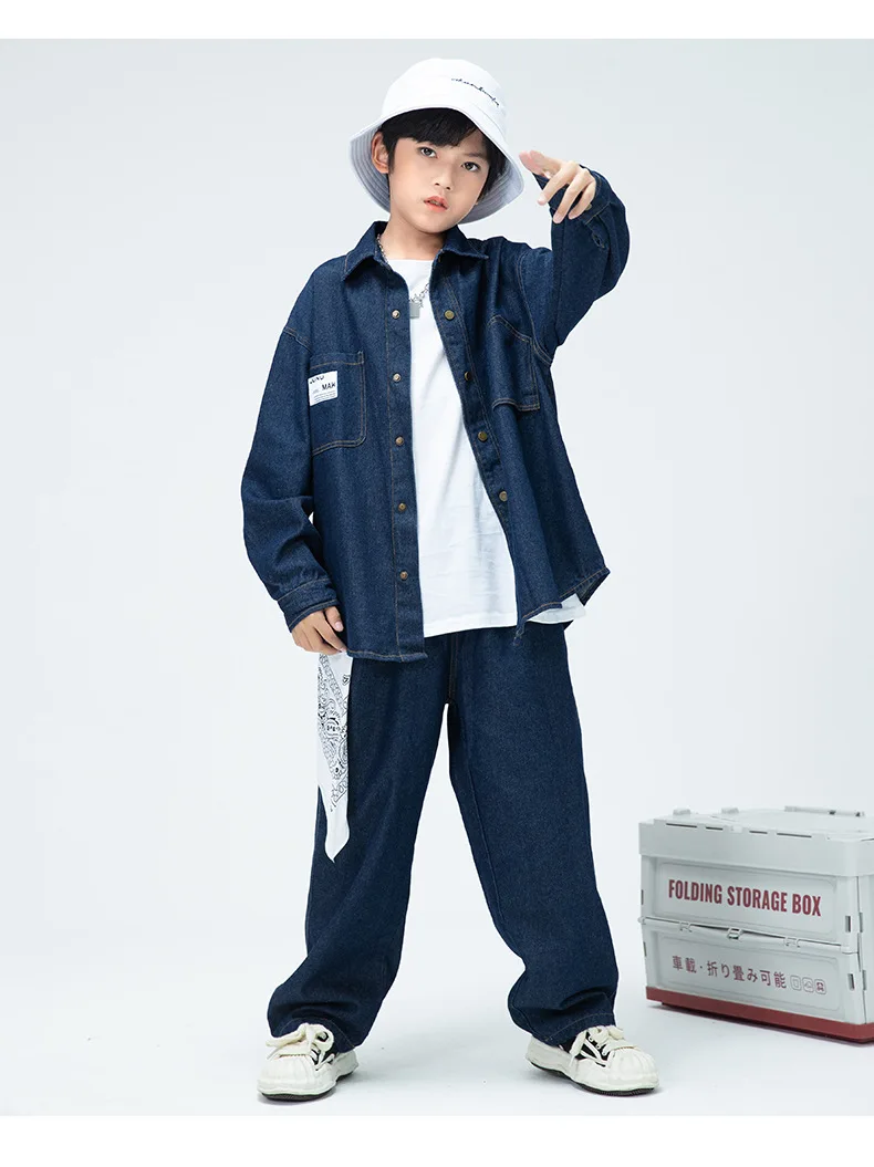 Children Boys Girls Streetwear Hiphop Loose Casual Denim Shirt Jeans Sets Teen Kids Coat Pant Track Suits Stage Clothing Costume