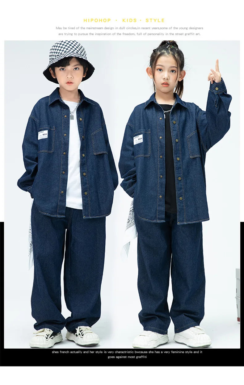 Children Boys Girls Streetwear Hiphop Loose Casual Denim Shirt Jeans Sets Teen Kids Coat Pant Track Suits Stage Clothing Costume