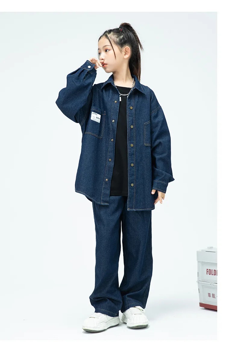 Children Boys Girls Streetwear Hiphop Loose Casual Denim Shirt Jeans Sets Teen Kids Coat Pant Track Suits Stage Clothing Costume