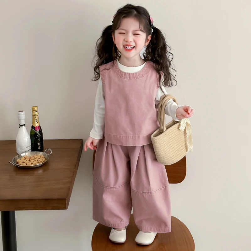 Children Spring Autumn Casual Clothing Set Girls Workwear Vest + Casual Wide-Leg Pants + Base Layer Three-Piece Set